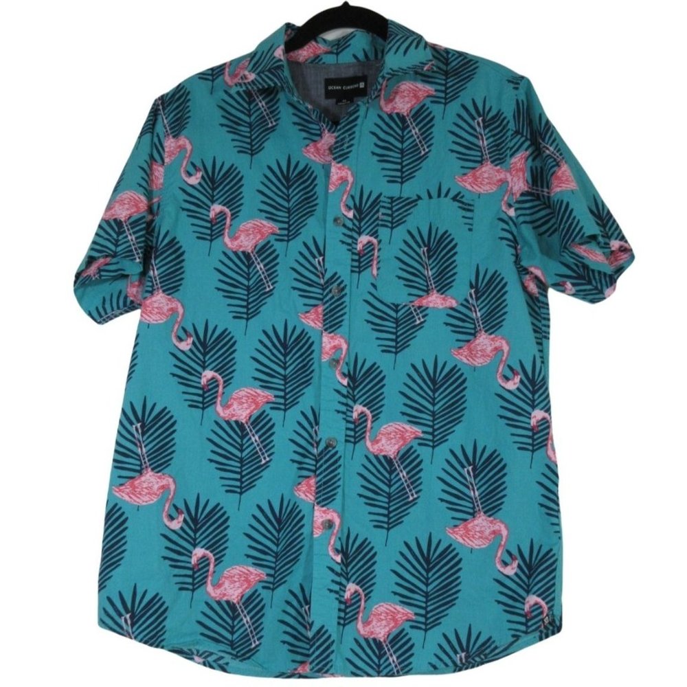 Ocean Current men's pink flamingo short sleeve button down shirt, M‎